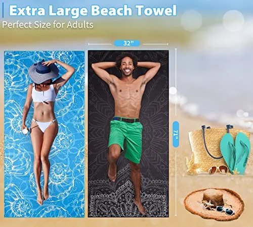 6 Pack Lightweight Thin Beach Towel Oversized 71"x32" Big Extra Large Microfiber Sand Free Towels for Adult Quick Dry Travel Camping Beach Accessories Gift Sea Turtle Tie Dye Mandala Elephant Skull