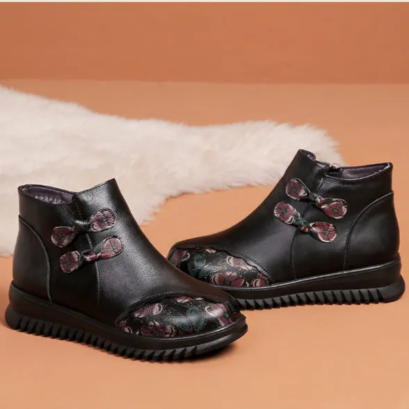 Babakud Women Winter Retro Leather Floral Fleece-Lined Boots