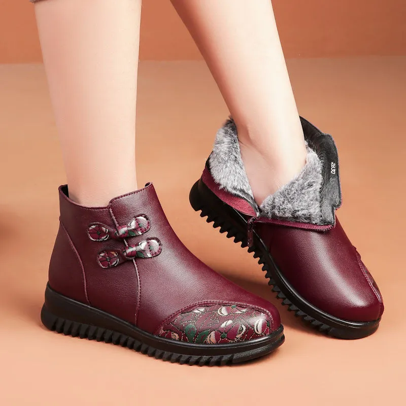 Babakud Women Winter Retro Leather Floral Fleece-Lined Boots