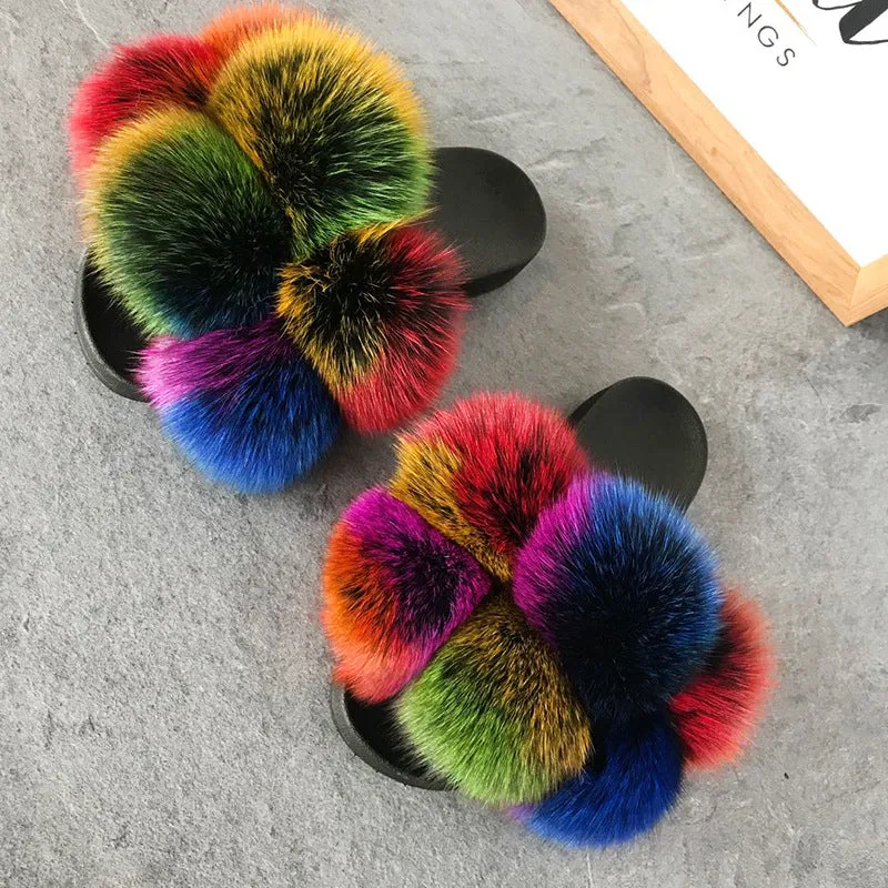 Color Matching Large Fur Real Natural Fox Fur Slides Colorful Fluffy Fur Slides Sandals Slippers Fashion Women Shoes