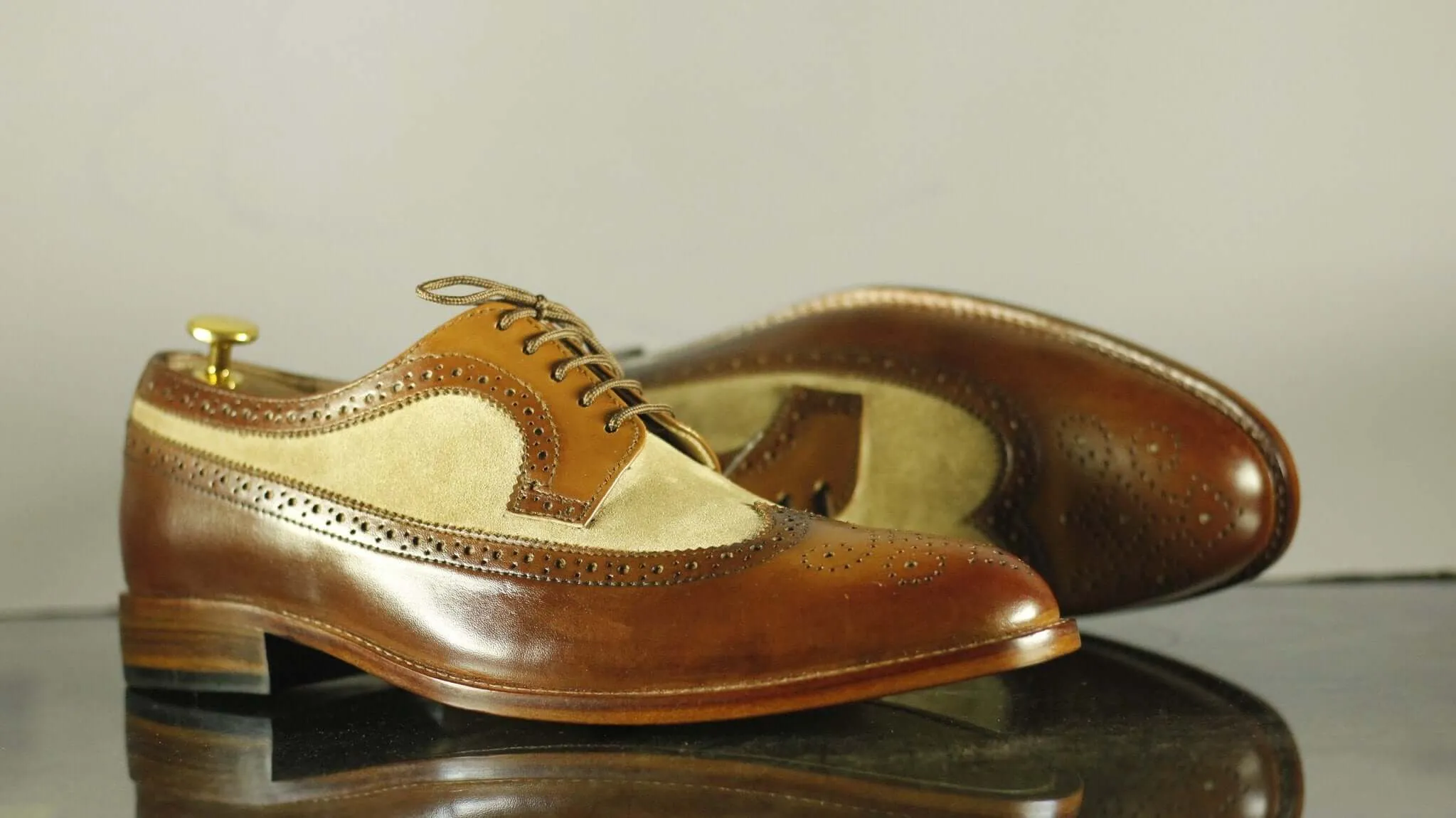 Handmade Men's Brown Beige Leather Suede Lace Up Shoes, Men Wing Tip Brogue Dress Formal Shoes