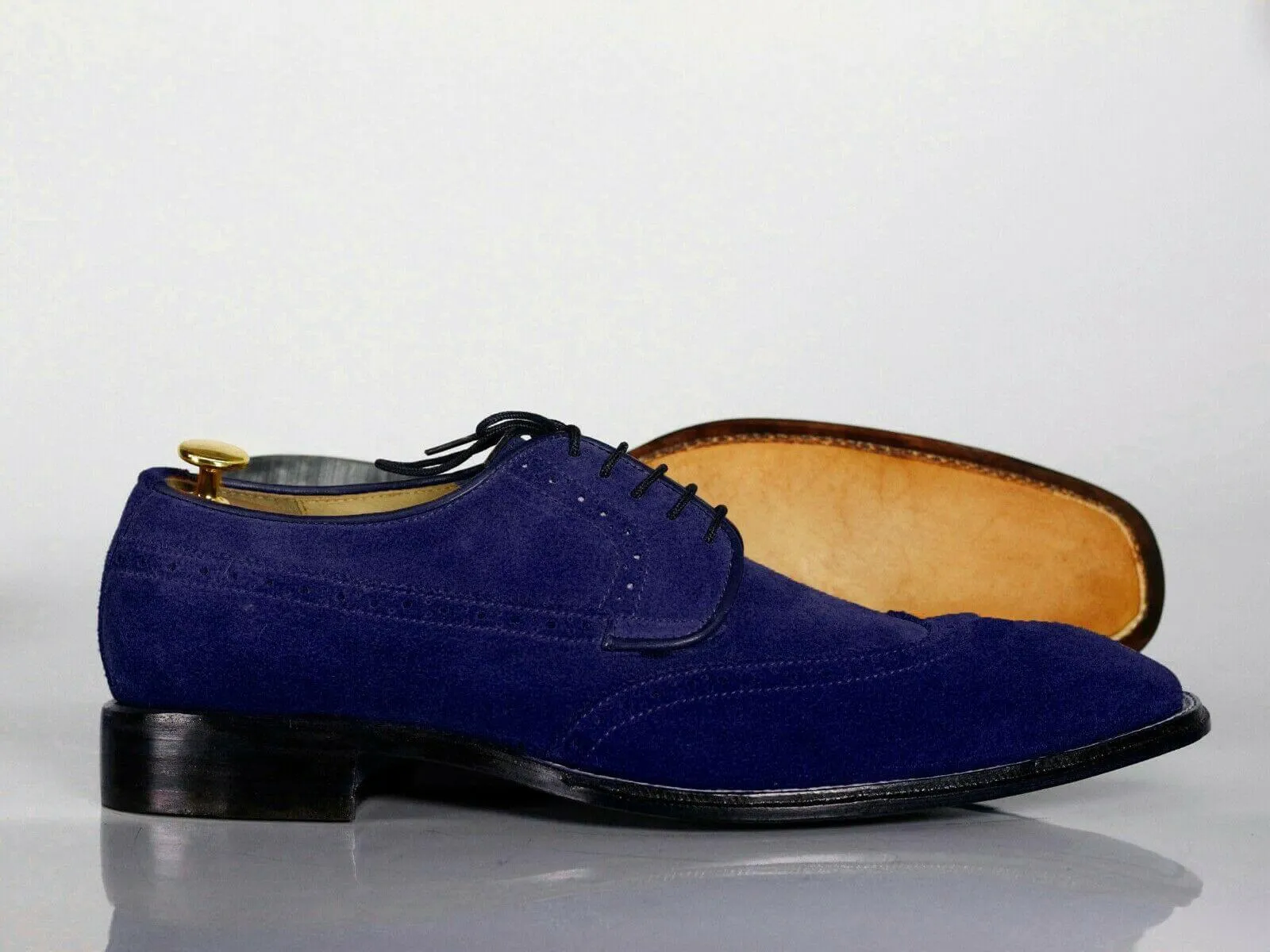 Handmade Men's Navy Blue Wing Tip Suede Lace Up Shoes, Men Designer Dress Formal Shoes
