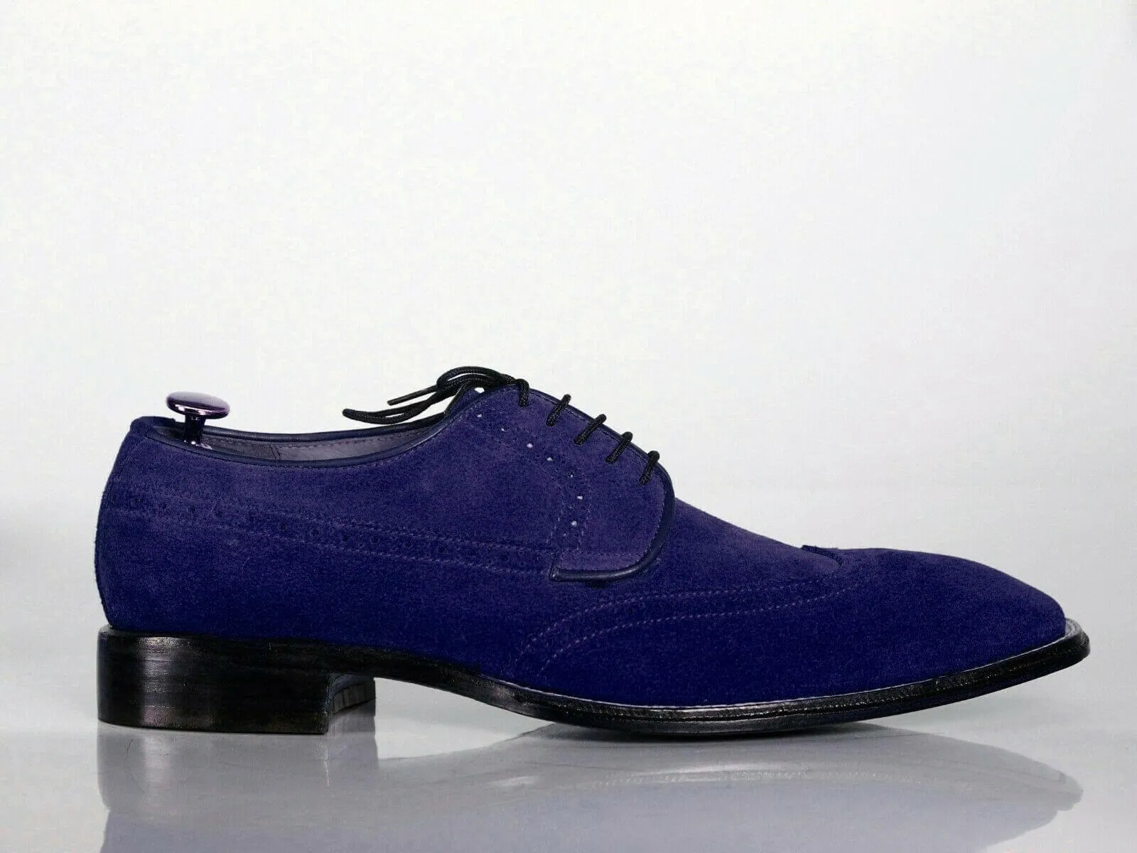 Handmade Men's Navy Blue Wing Tip Suede Lace Up Shoes, Men Designer Dress Formal Shoes