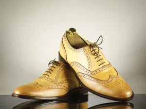 Handmade Men's Tan Color Leather Wing Tip Brogue Lace Up Shoes, Men Designer Dress Formal Luxury Shoes