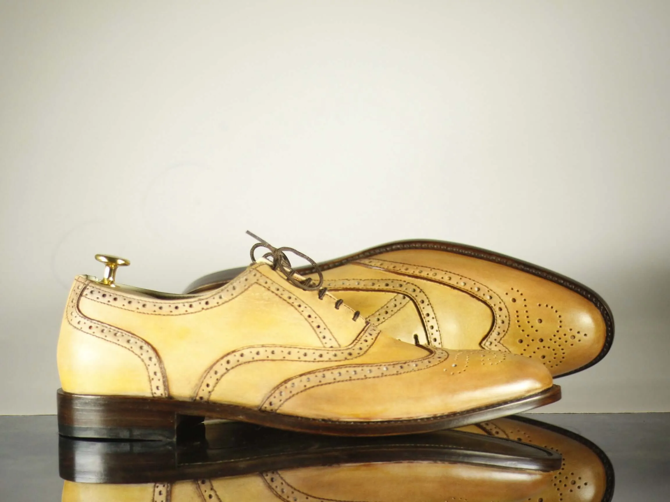 Handmade Men's Tan Color Leather Wing Tip Brogue Lace Up Shoes, Men Designer Dress Formal Luxury Shoes