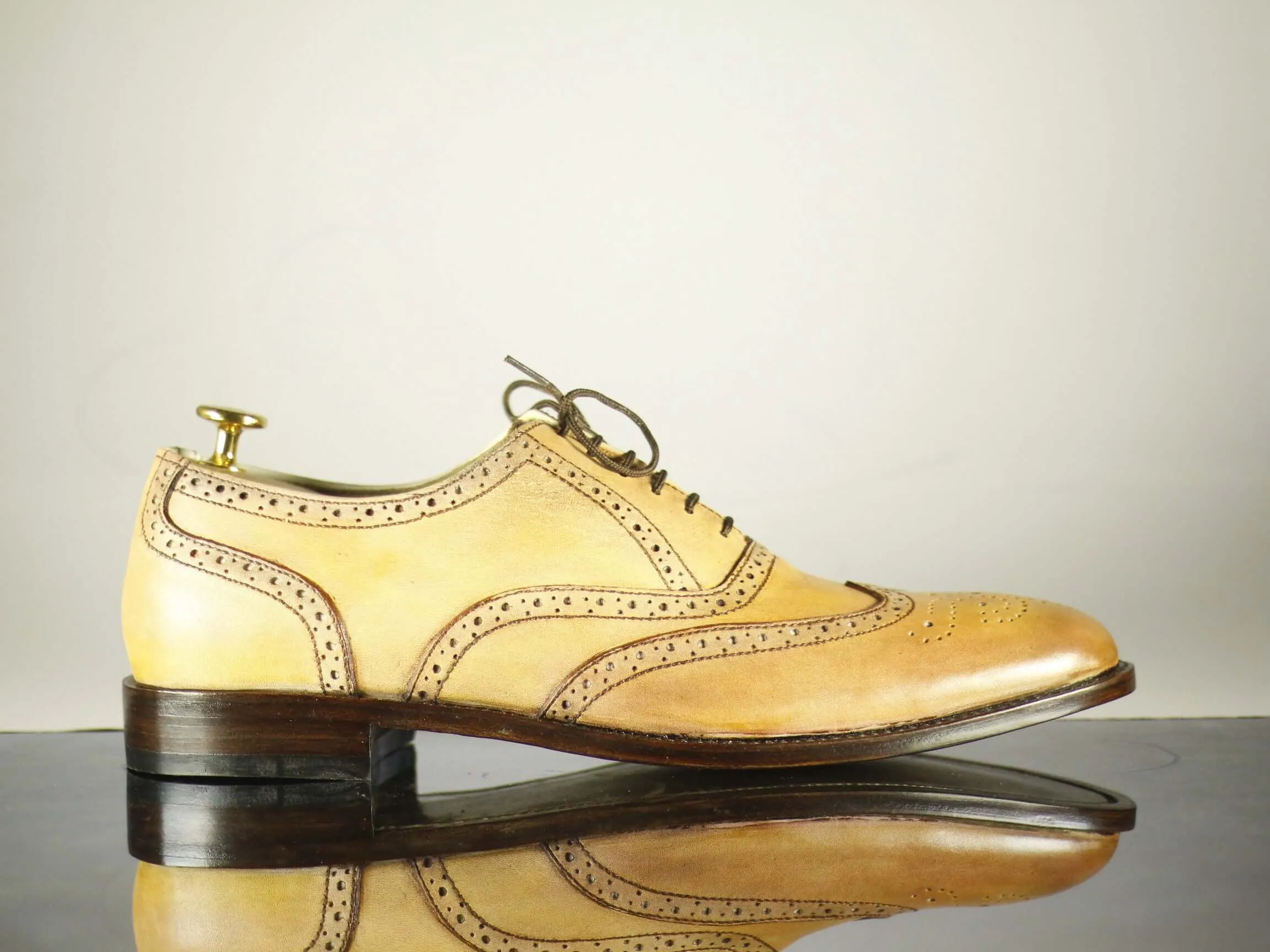 Handmade Men's Tan Color Leather Wing Tip Brogue Lace Up Shoes, Men Designer Dress Formal Luxury Shoes