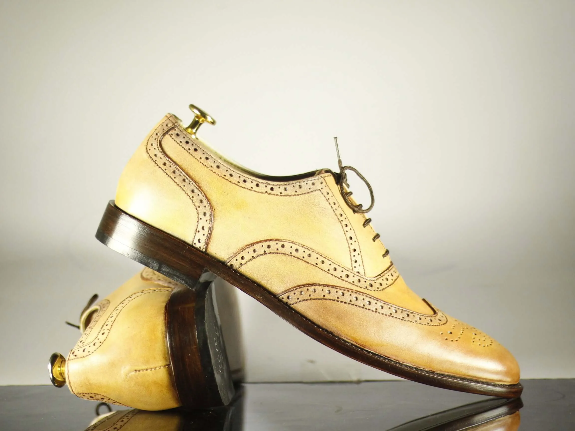 Handmade Men's Tan Color Leather Wing Tip Brogue Lace Up Shoes, Men Designer Dress Formal Luxury Shoes