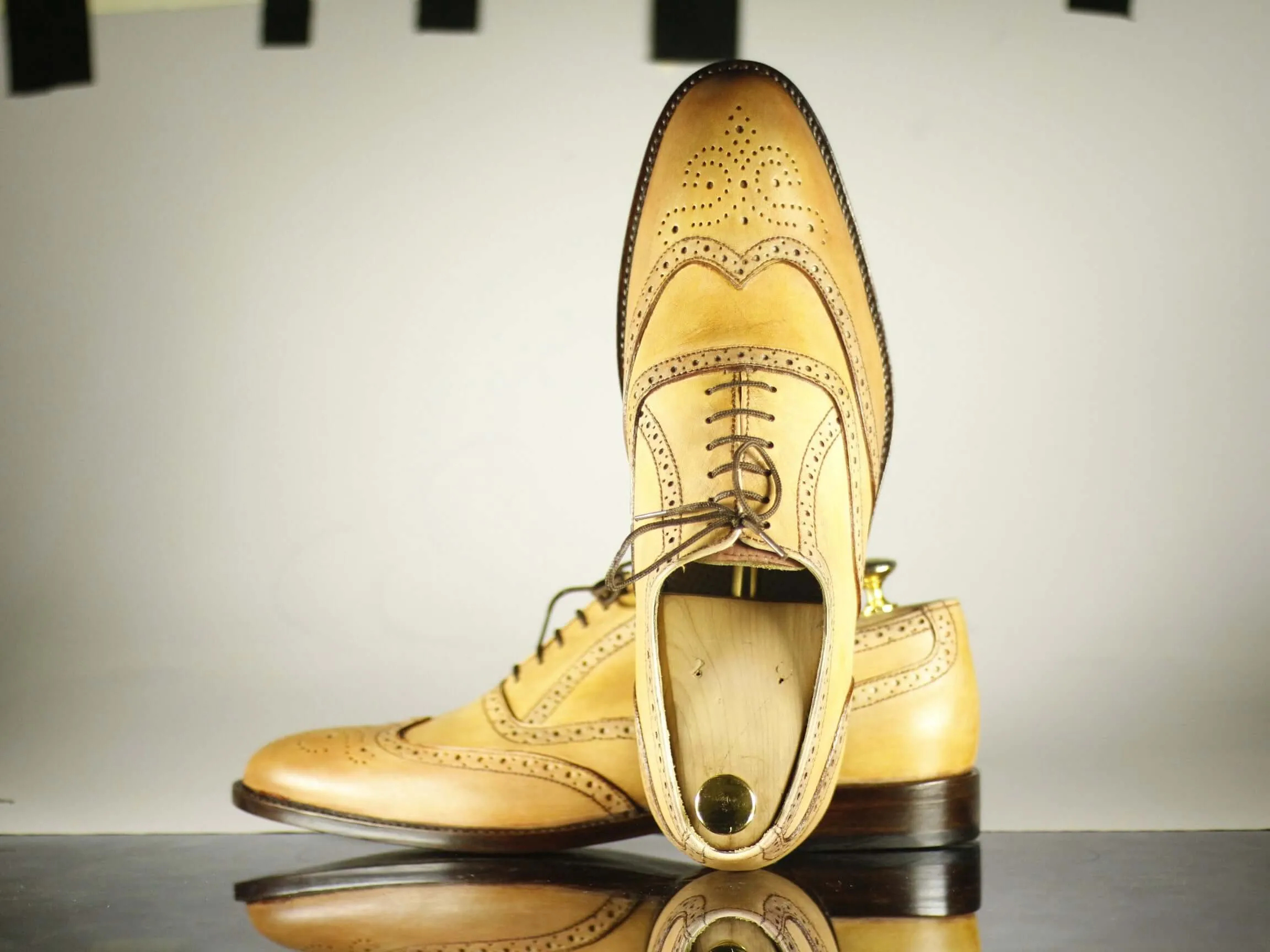 Handmade Men's Tan Color Leather Wing Tip Brogue Lace Up Shoes, Men Designer Dress Formal Luxury Shoes