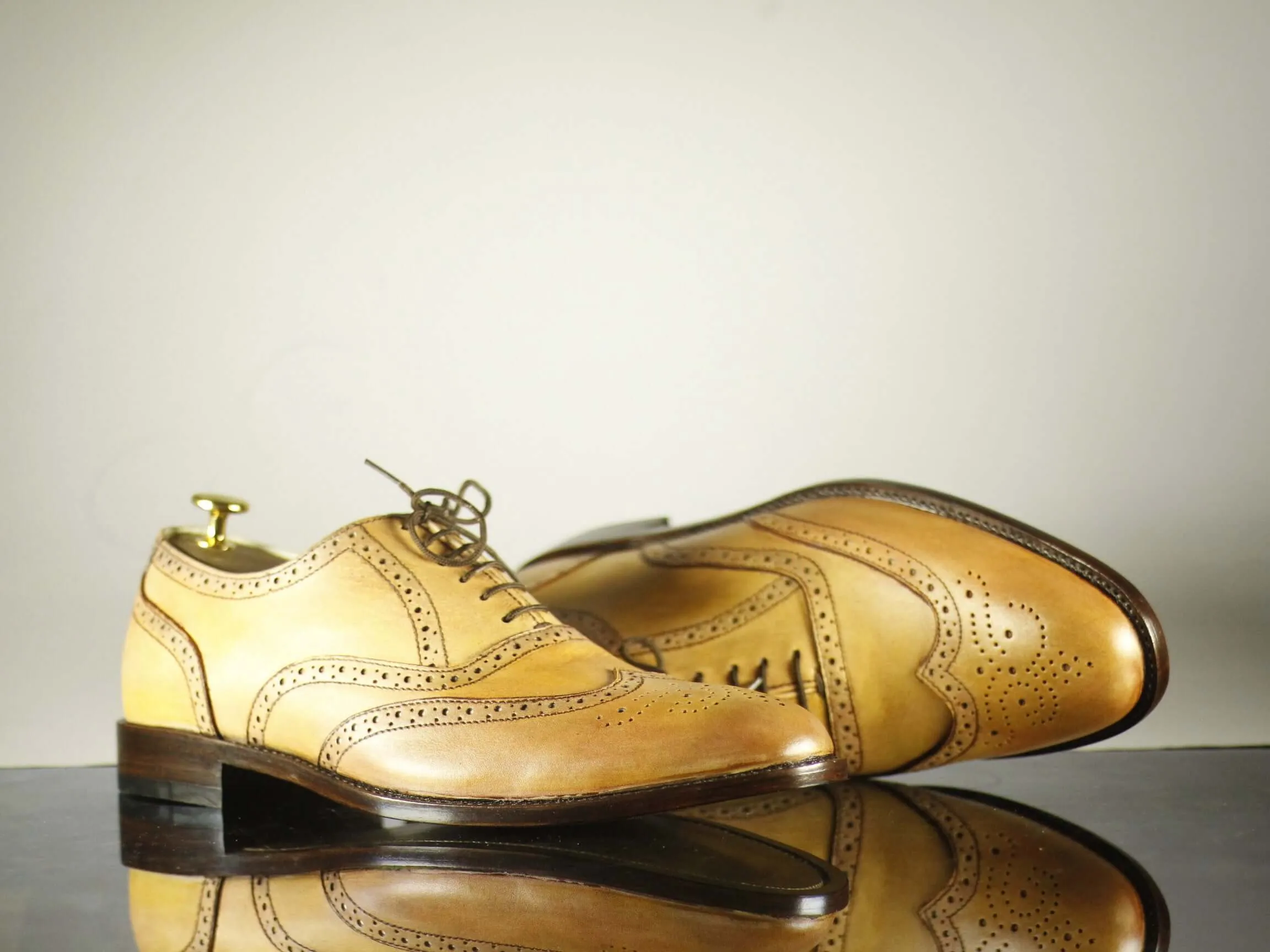 Handmade Men's Tan Color Leather Wing Tip Brogue Lace Up Shoes, Men Designer Dress Formal Luxury Shoes