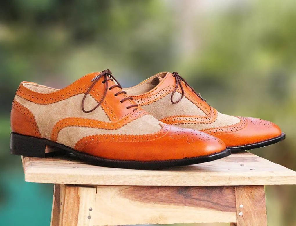Handmade Men's Two Tone Tan Beige Wing Tip Brogue Leather Suede Lace Up Shoes, Men Designer Dress Formal Luxury Shoes