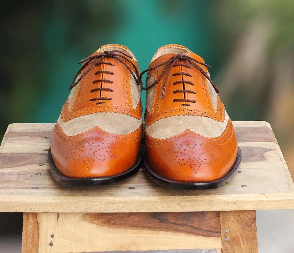 Handmade Men's Two Tone Tan Beige Wing Tip Brogue Leather Suede Lace Up Shoes, Men Designer Dress Formal Luxury Shoes