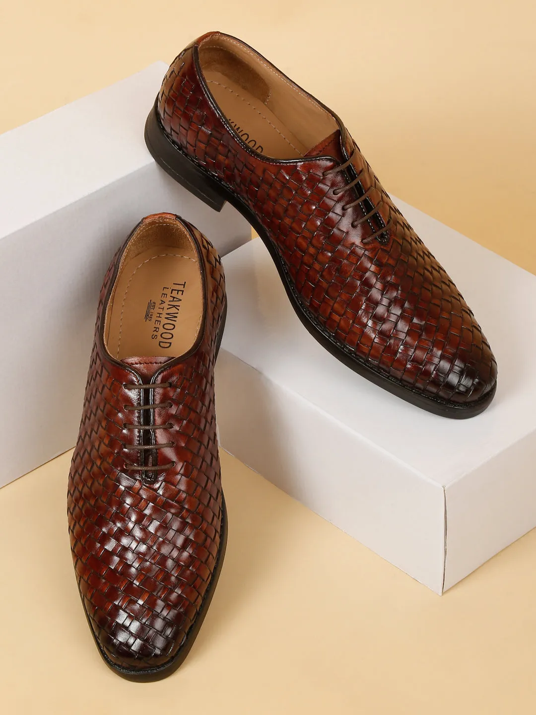 Men Brown Leather Basket Wave Oxford