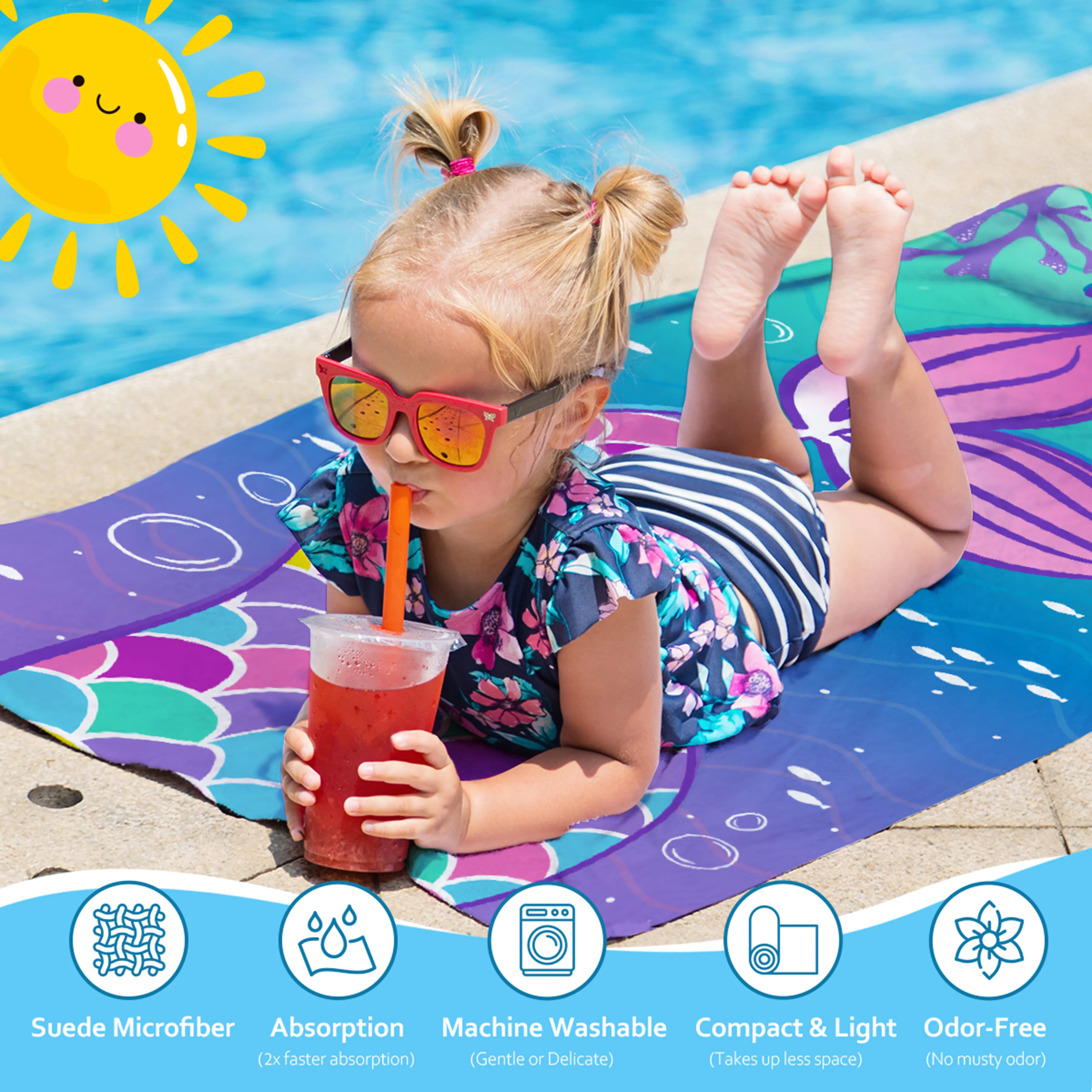 Mermaid Beach Towel for Girls 60"x30"- Microfiber Beach Towel - Quick Dry Lightweight Kids Towels - Perfect for Beach Pool Swim Bath Travel Picnic Camping