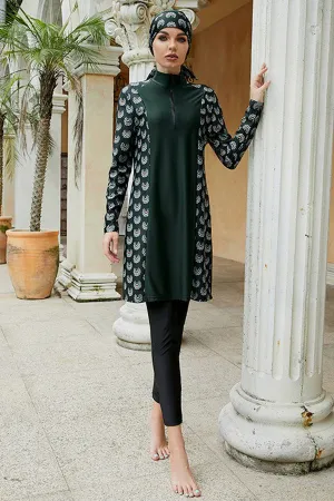 Modest Split Green Printed Three Pieces Long Sleeve UPF50  Rash Guard