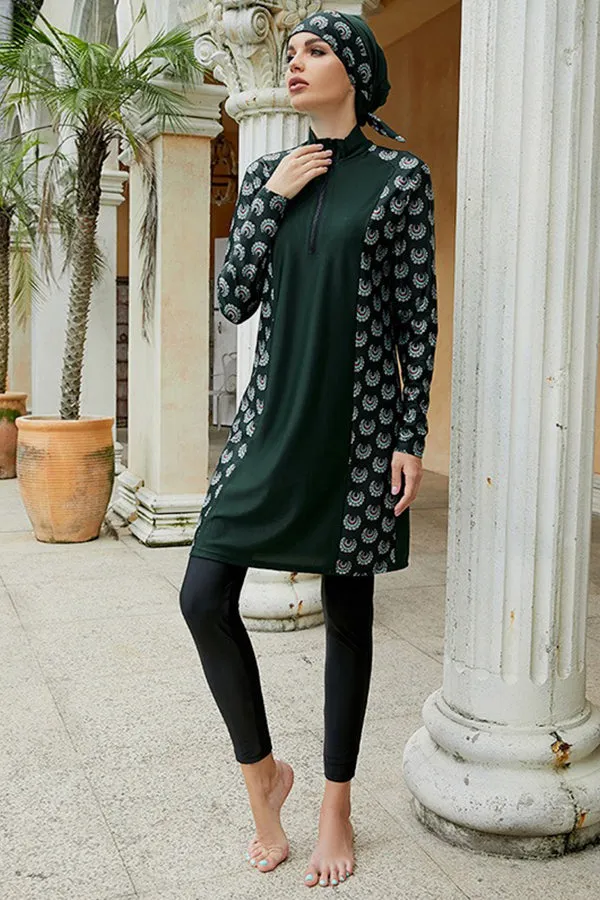 Modest Split Green Printed Three Pieces Long Sleeve UPF50  Rash Guard