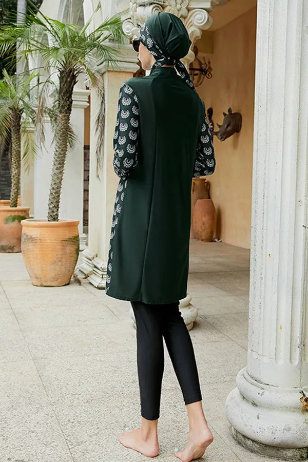 Modest Split Green Printed Three Pieces Long Sleeve UPF50  Rash Guard
