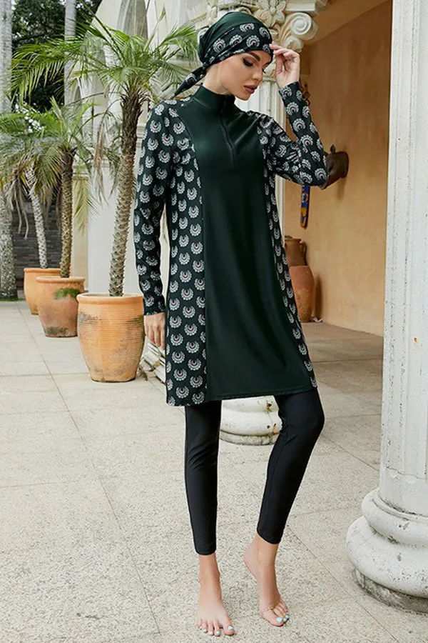 Modest Split Green Printed Three Pieces Long Sleeve UPF50  Rash Guard