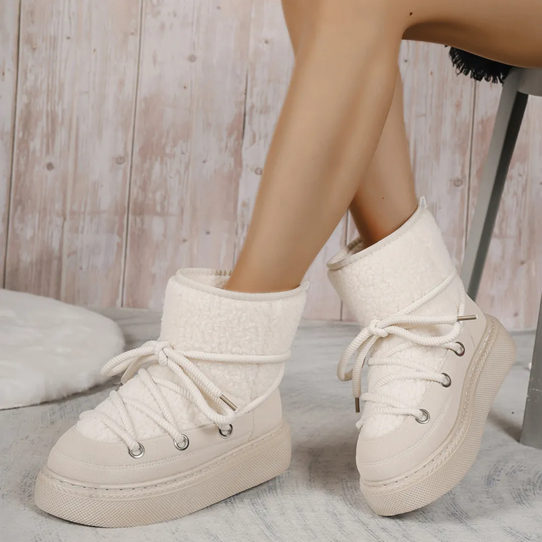 OCW Women Ankle Boots Winter Warm Fashion Cross-Tied Genuine Leather Snow Boots