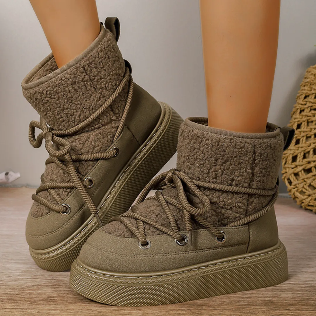 OCW Women Ankle Boots Winter Warm Fashion Cross-Tied Genuine Leather Snow Boots