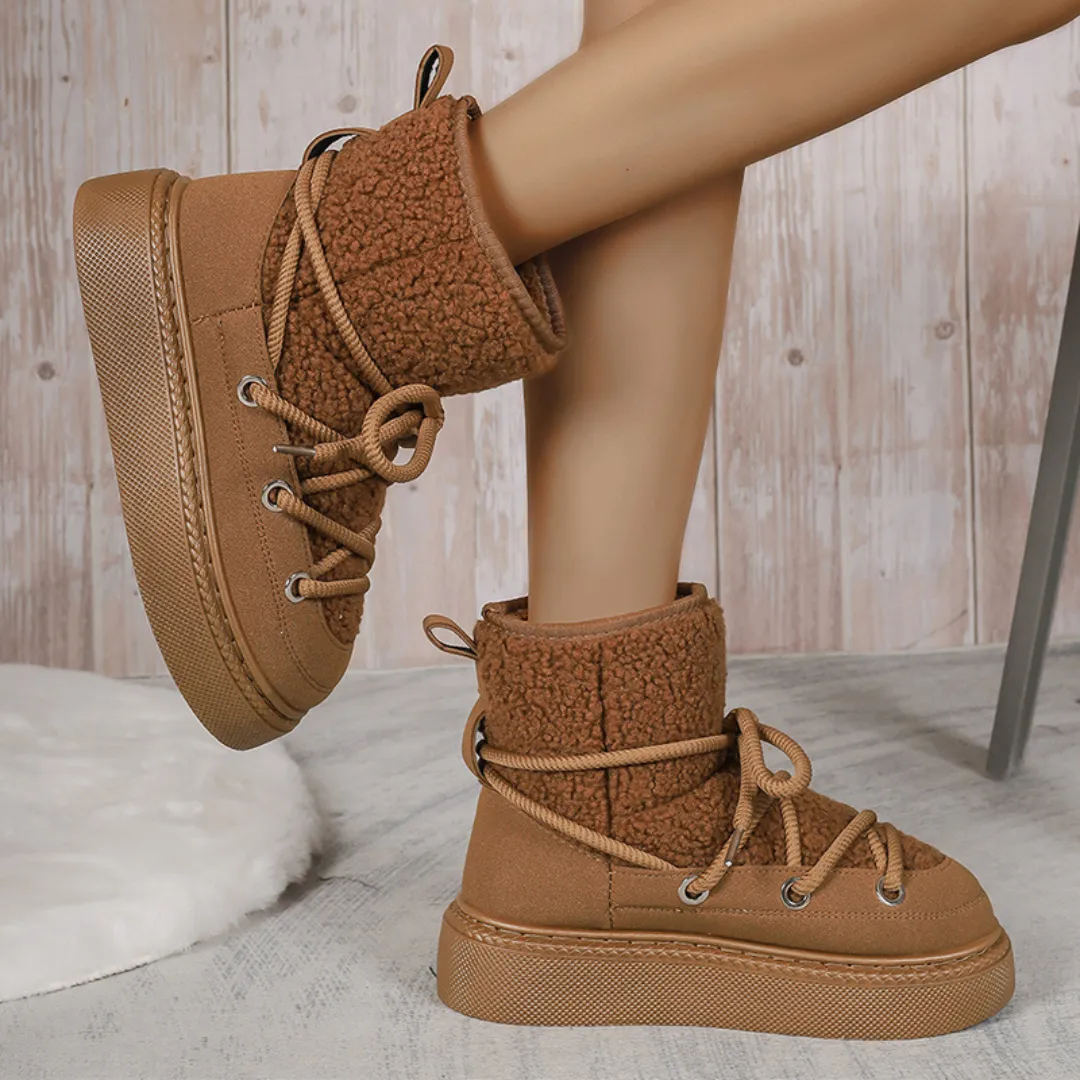 OCW Women Ankle Boots Winter Warm Fashion Cross-Tied Genuine Leather Snow Boots