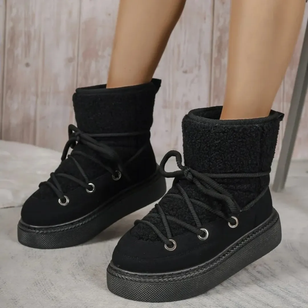 OCW Women Ankle Boots Winter Warm Fashion Cross-Tied Genuine Leather Snow Boots