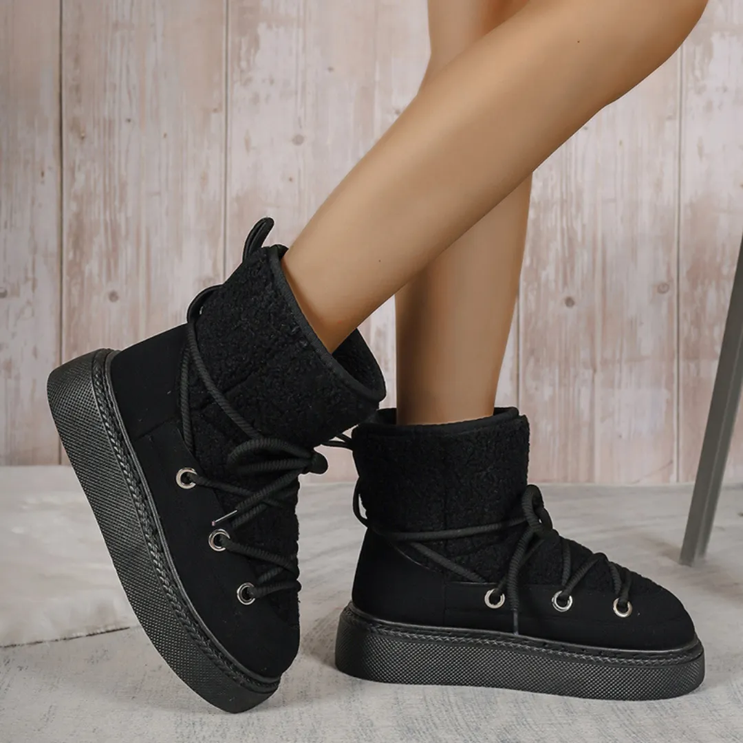 OCW Women Ankle Boots Winter Warm Fashion Cross-Tied Genuine Leather Snow Boots