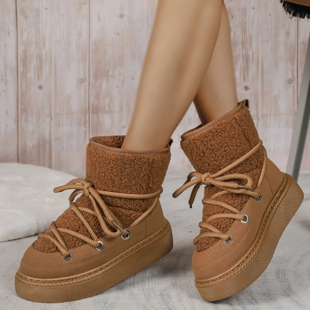 OCW Women Ankle Boots Winter Warm Fashion Cross-Tied Genuine Leather Snow Boots