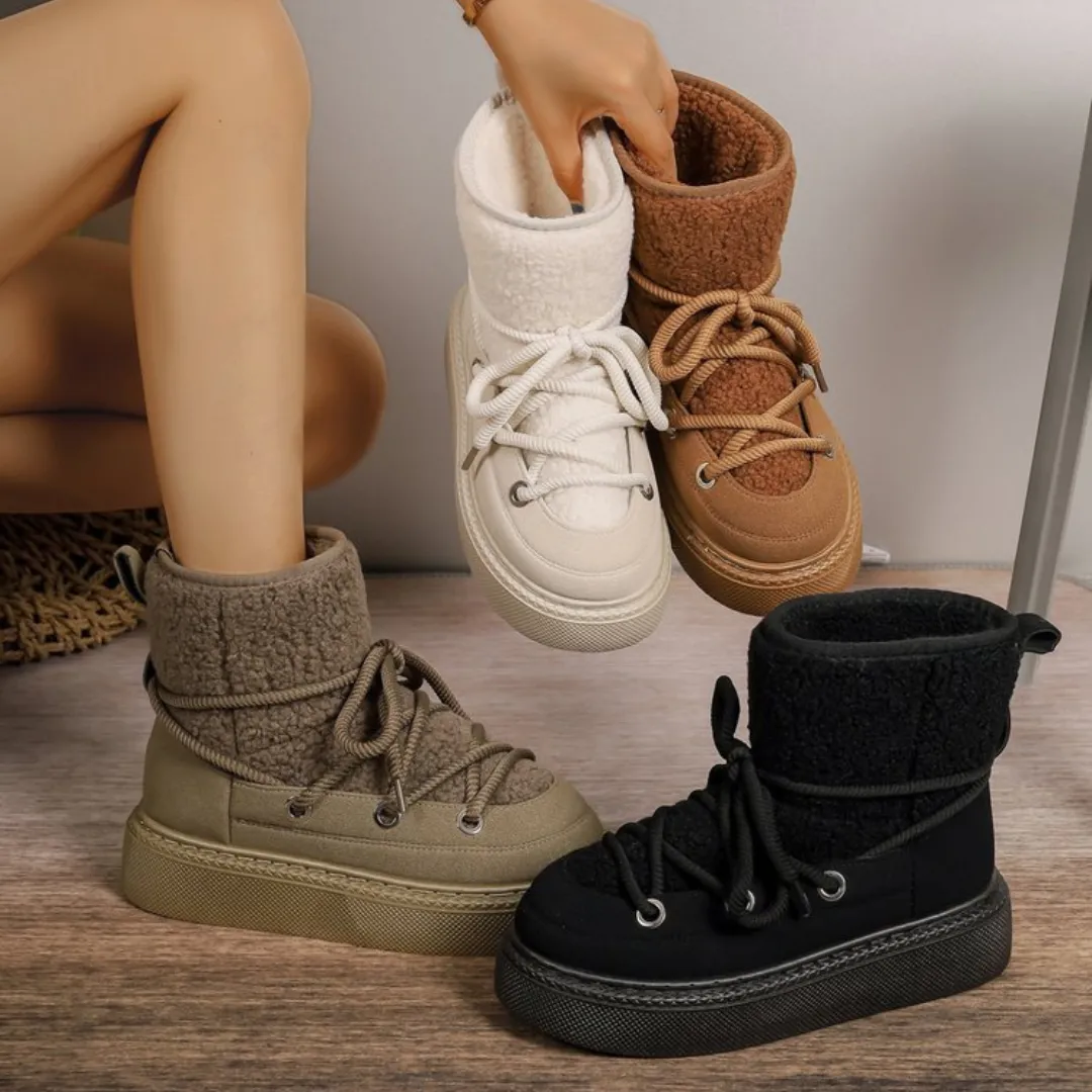 OCW Women Ankle Boots Winter Warm Fashion Cross-Tied Genuine Leather Snow Boots