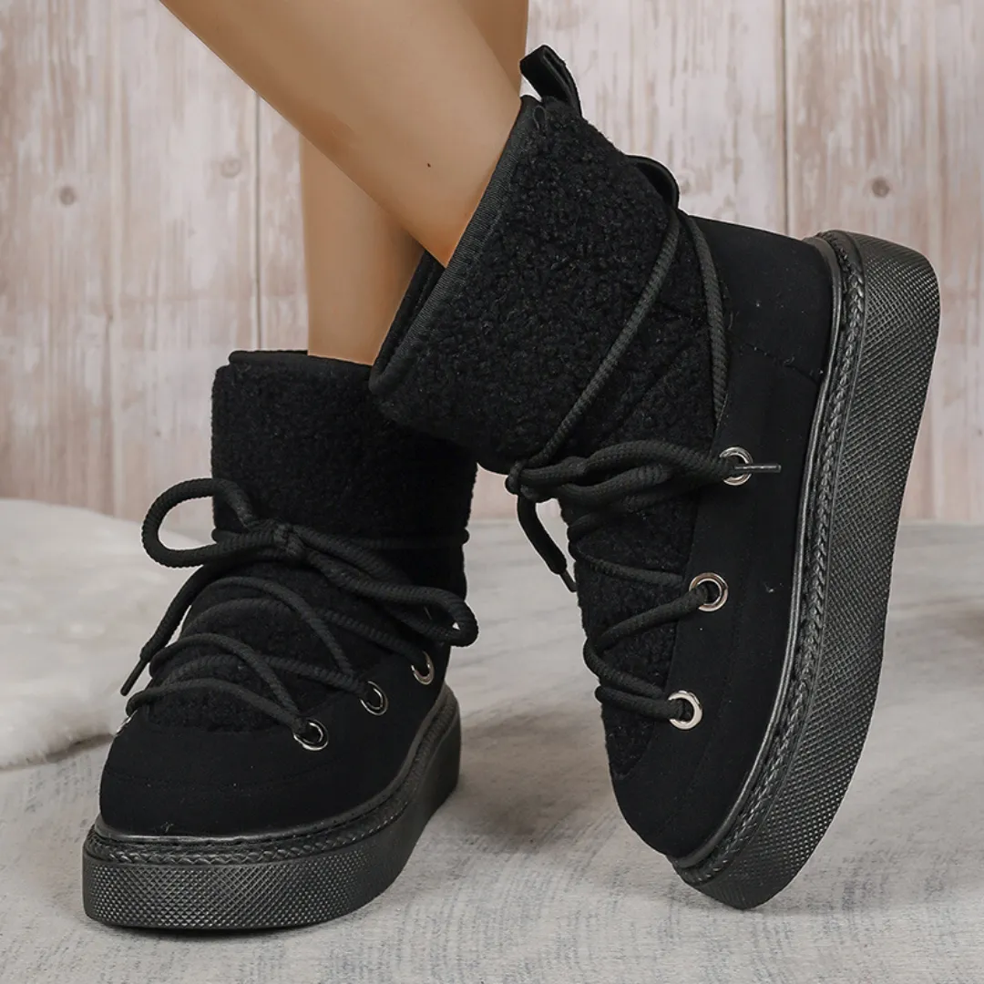 OCW Women Ankle Boots Winter Warm Fashion Cross-Tied Genuine Leather Snow Boots