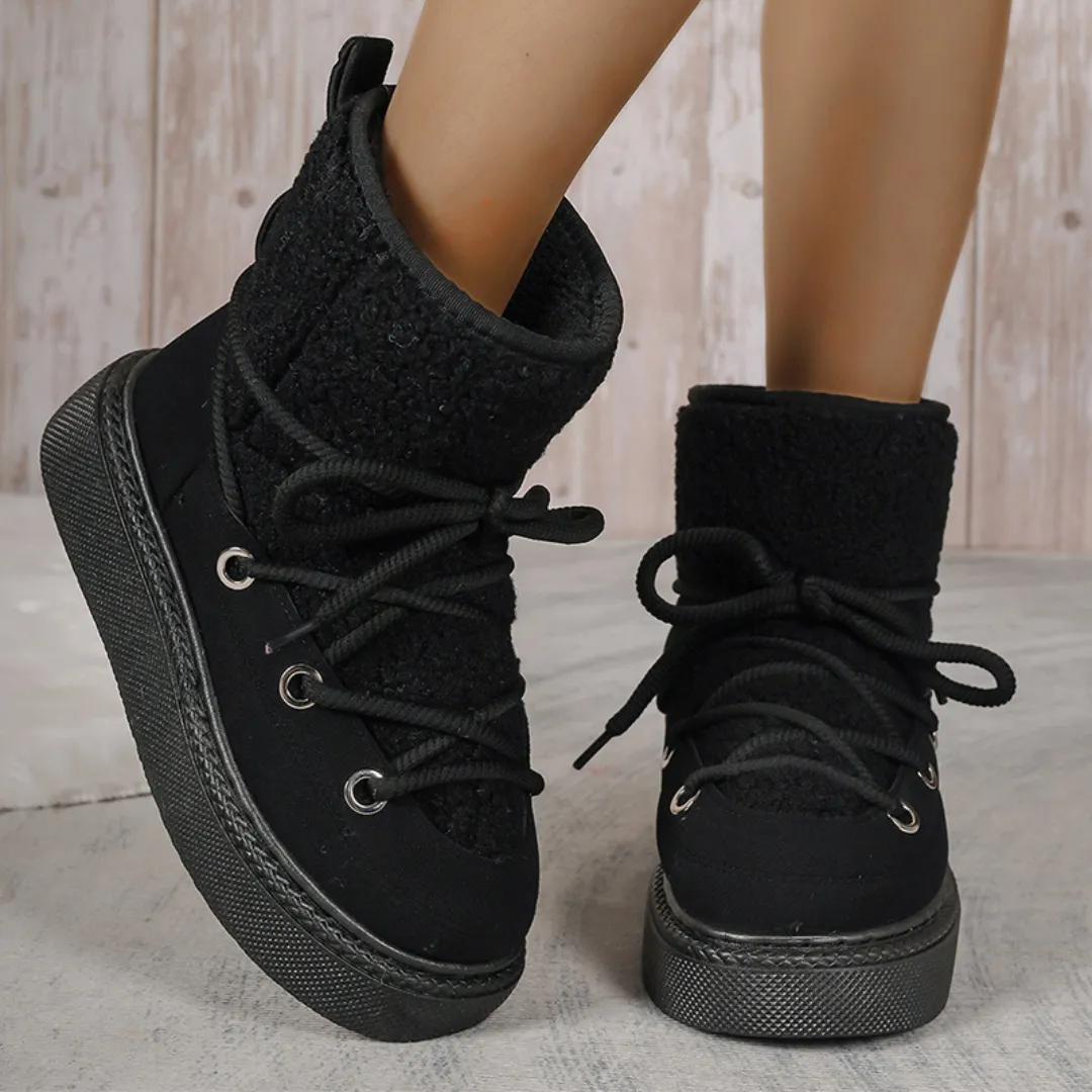 OCW Women Ankle Boots Winter Warm Fashion Cross-Tied Genuine Leather Snow Boots