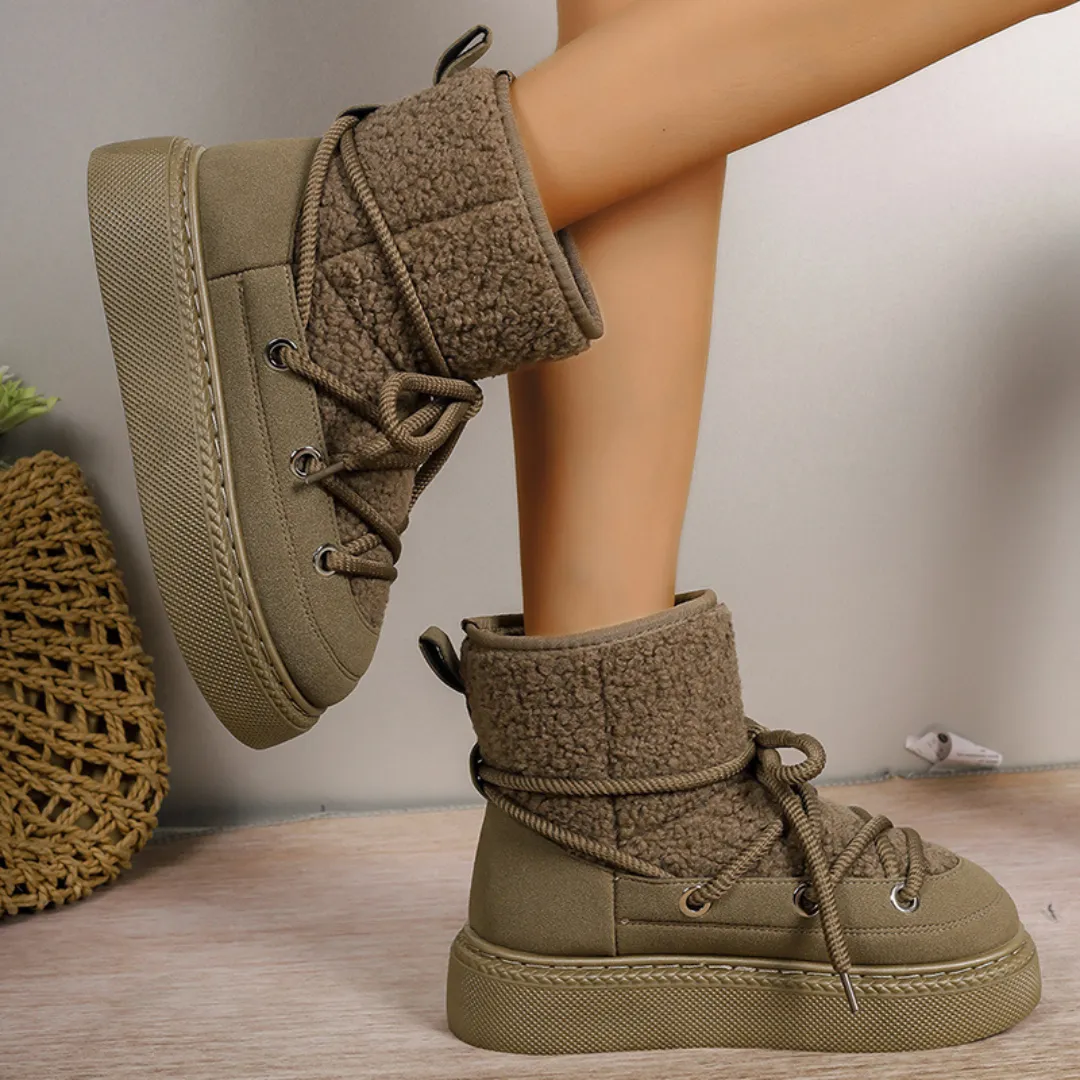 OCW Women Ankle Boots Winter Warm Fashion Cross-Tied Genuine Leather Snow Boots