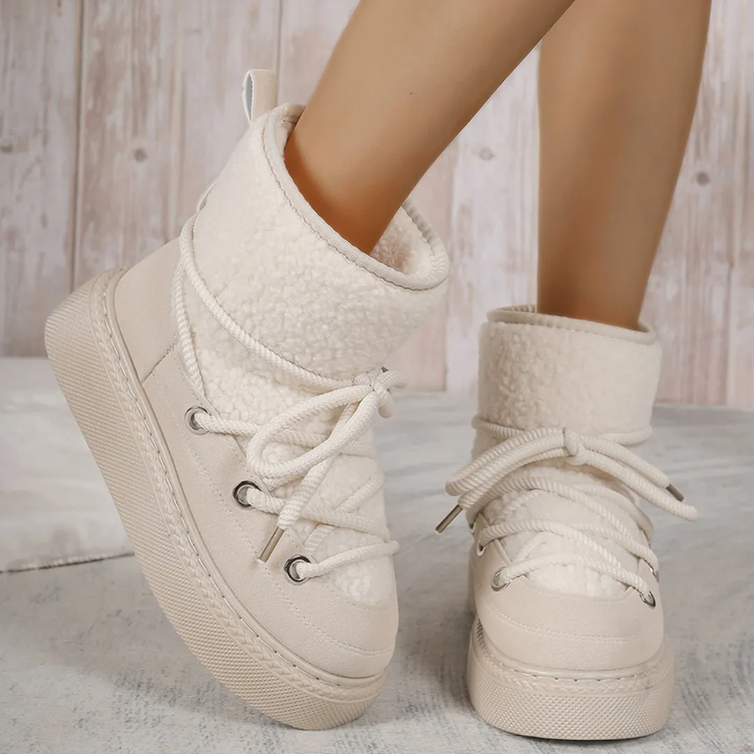 OCW Women Ankle Boots Winter Warm Fashion Cross-Tied Genuine Leather Snow Boots