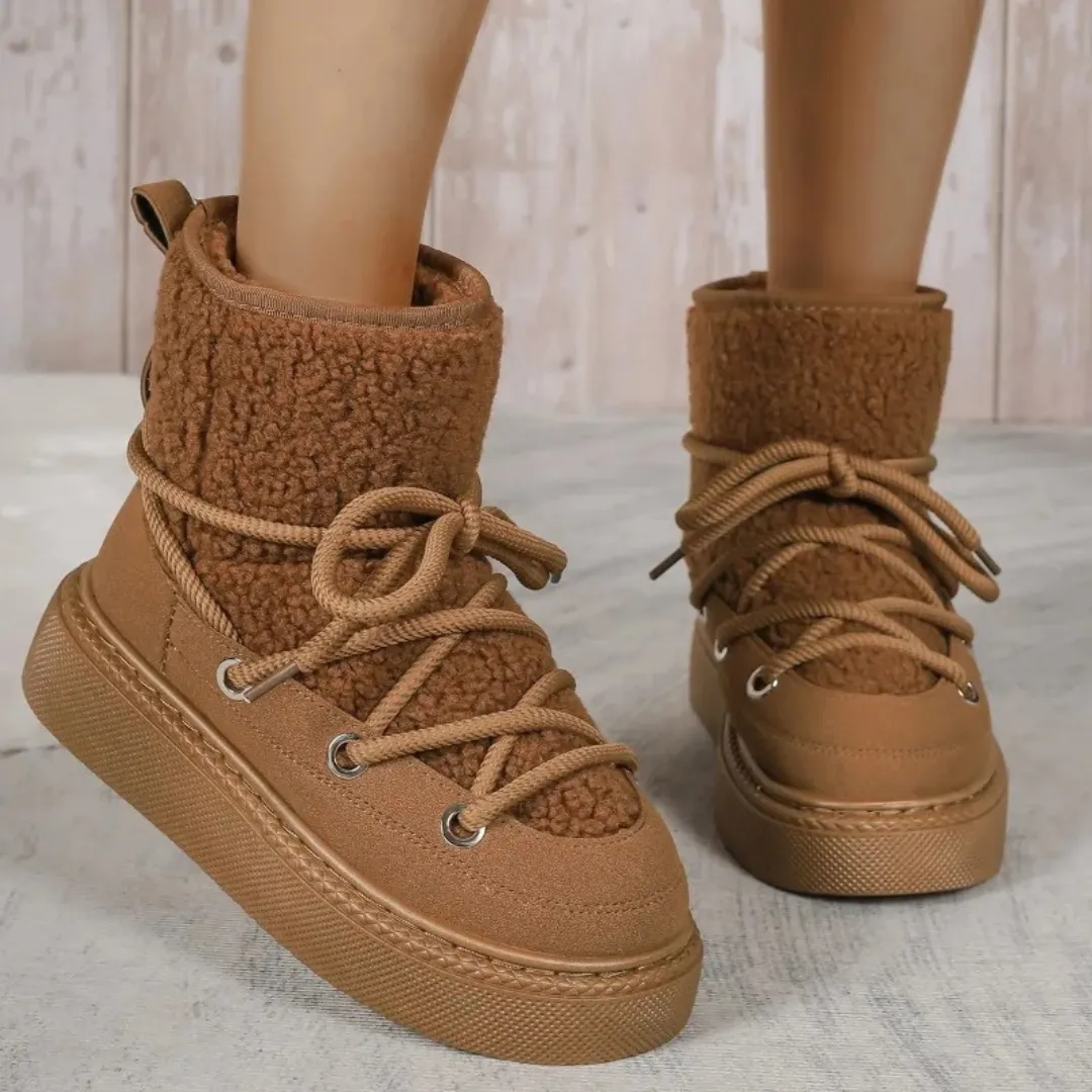 OCW Women Ankle Boots Winter Warm Fashion Cross-Tied Genuine Leather Snow Boots