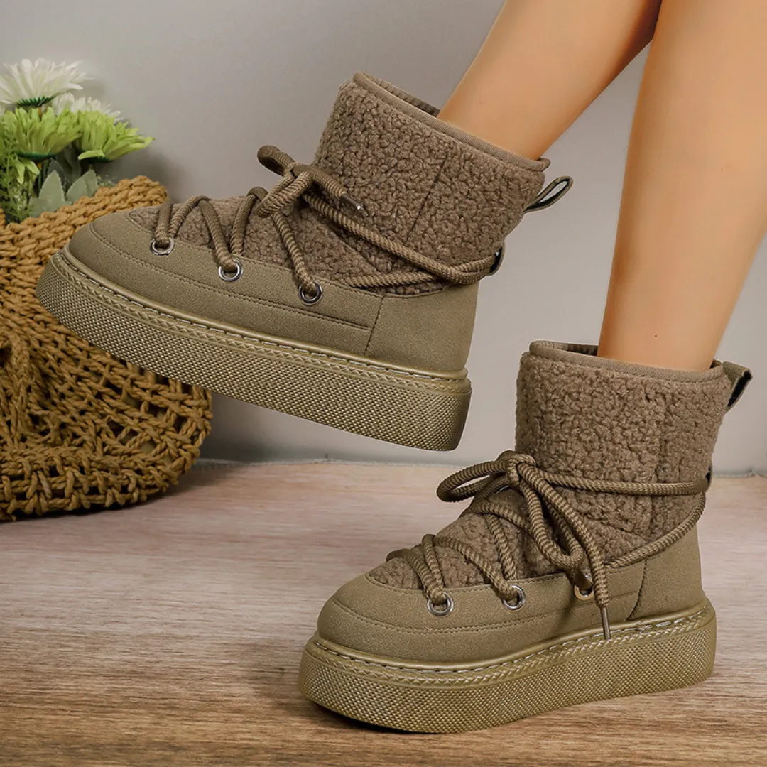 OCW Women Ankle Boots Winter Warm Fashion Cross-Tied Genuine Leather Snow Boots