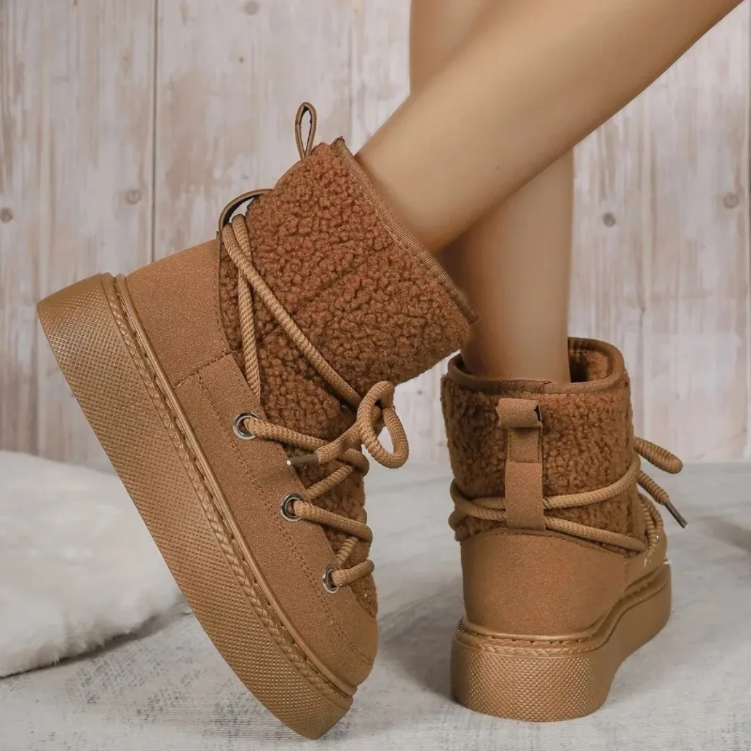 OCW Women Ankle Boots Winter Warm Fashion Cross-Tied Genuine Leather Snow Boots