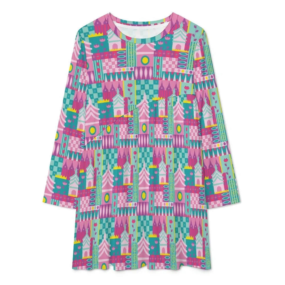 Small World Long Sleeve Patchwork T-shirt Dress