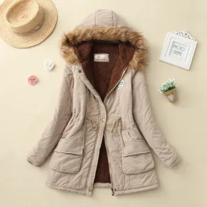 Thick Fleece Lined Plush Hooded Windproof Warm Down Outerwear Jackets Parka Coats for Women