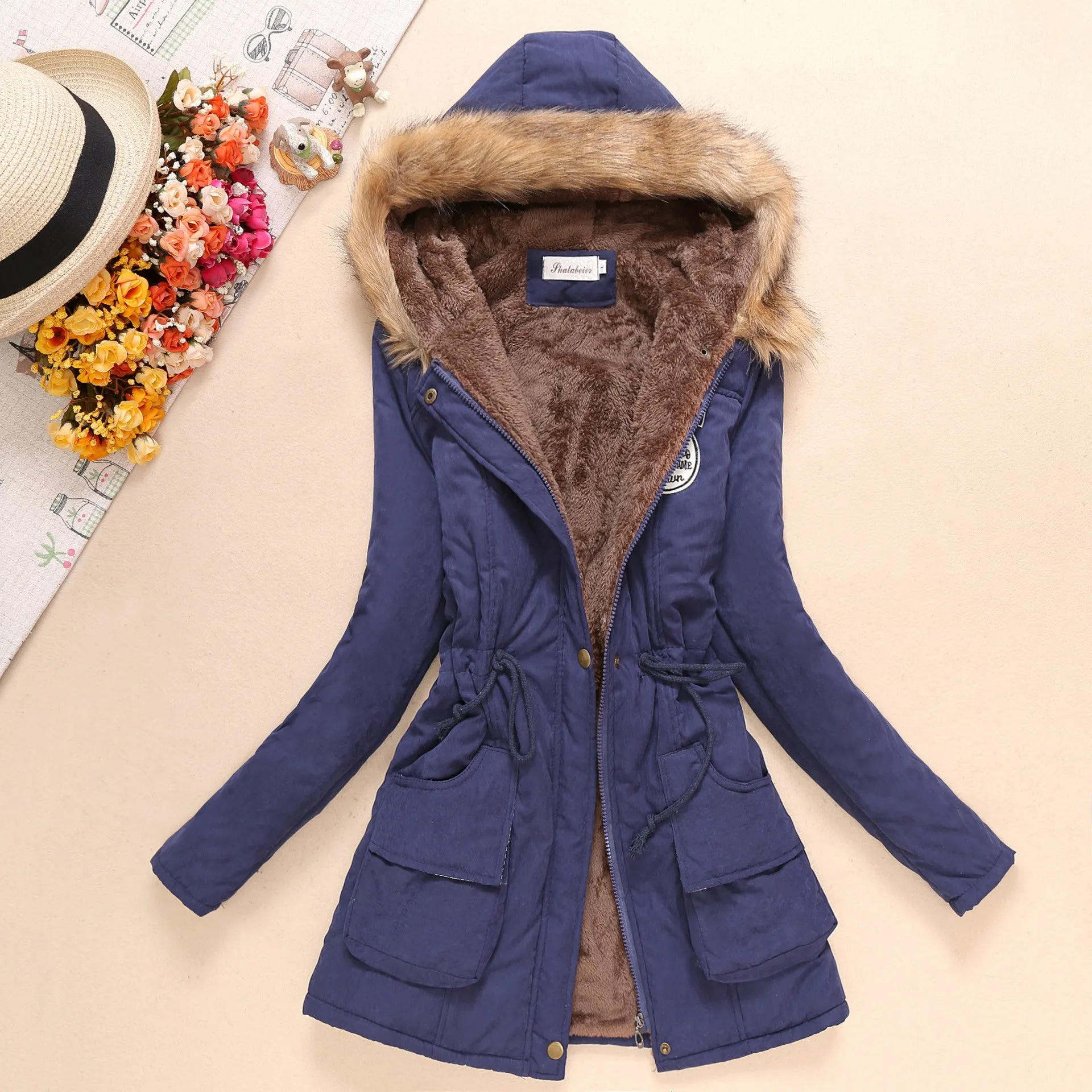 Thick Fleece Lined Plush Hooded Windproof Warm Down Outerwear Jackets Parka Coats for Women