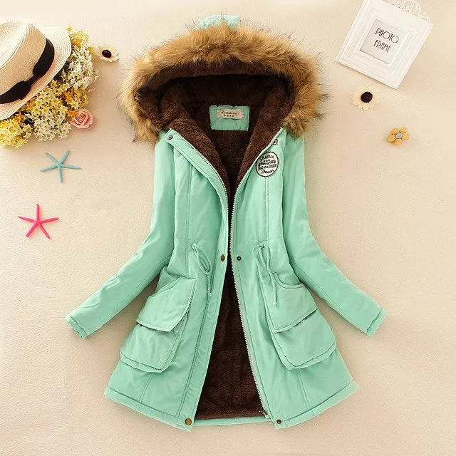 Thick Fleece Lined Plush Hooded Windproof Warm Down Outerwear Jackets Parka Coats for Women