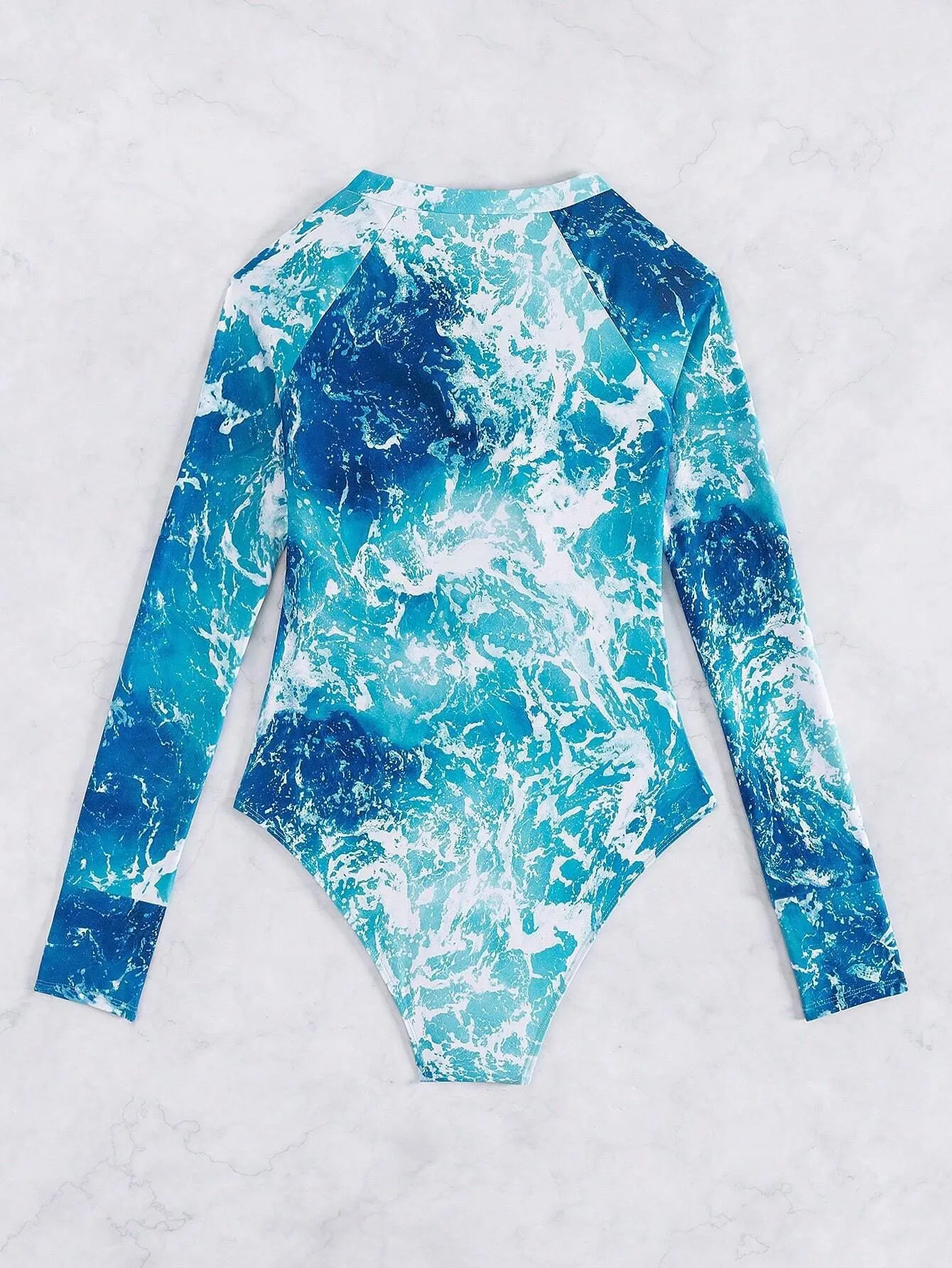 Wave print long sleeve one-piece front zipper swimsuit surfing
