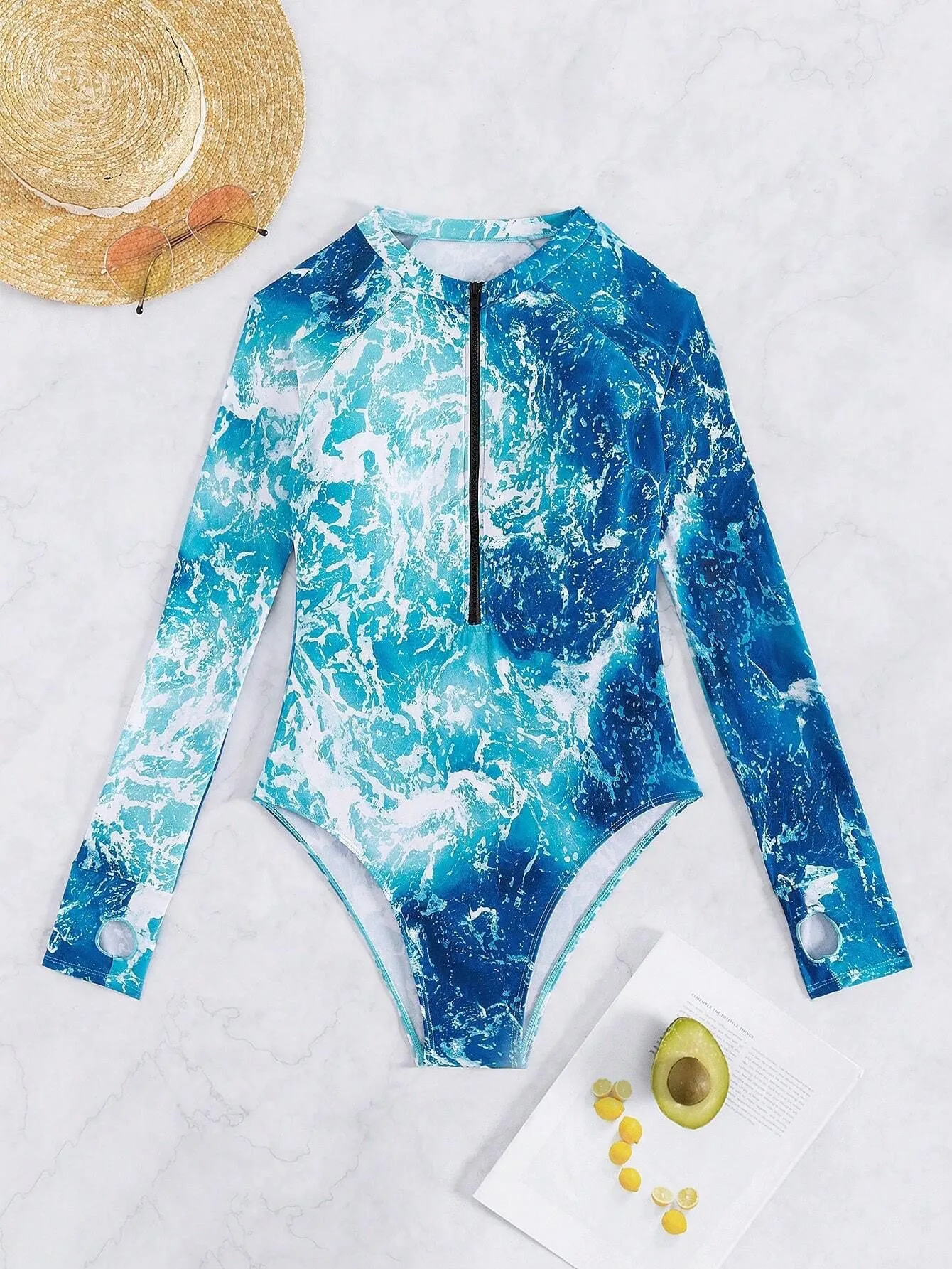 Wave print long sleeve one-piece front zipper swimsuit surfing