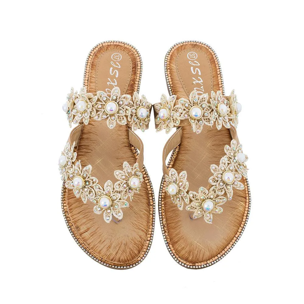 Women's boho lace floral flip flops beach slip on sandals