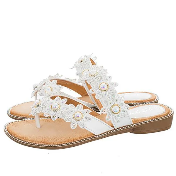 Women's boho lace floral flip flops beach slip on sandals