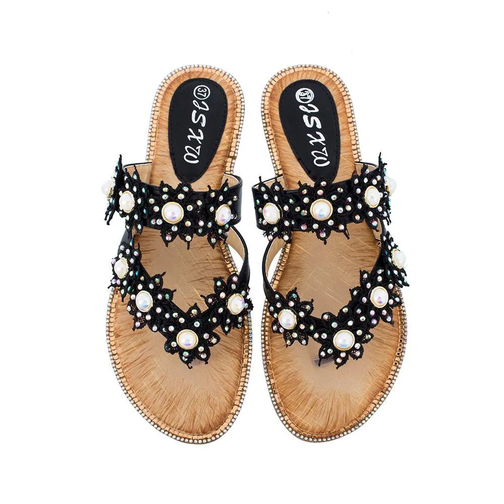 Women's boho lace floral flip flops beach slip on sandals