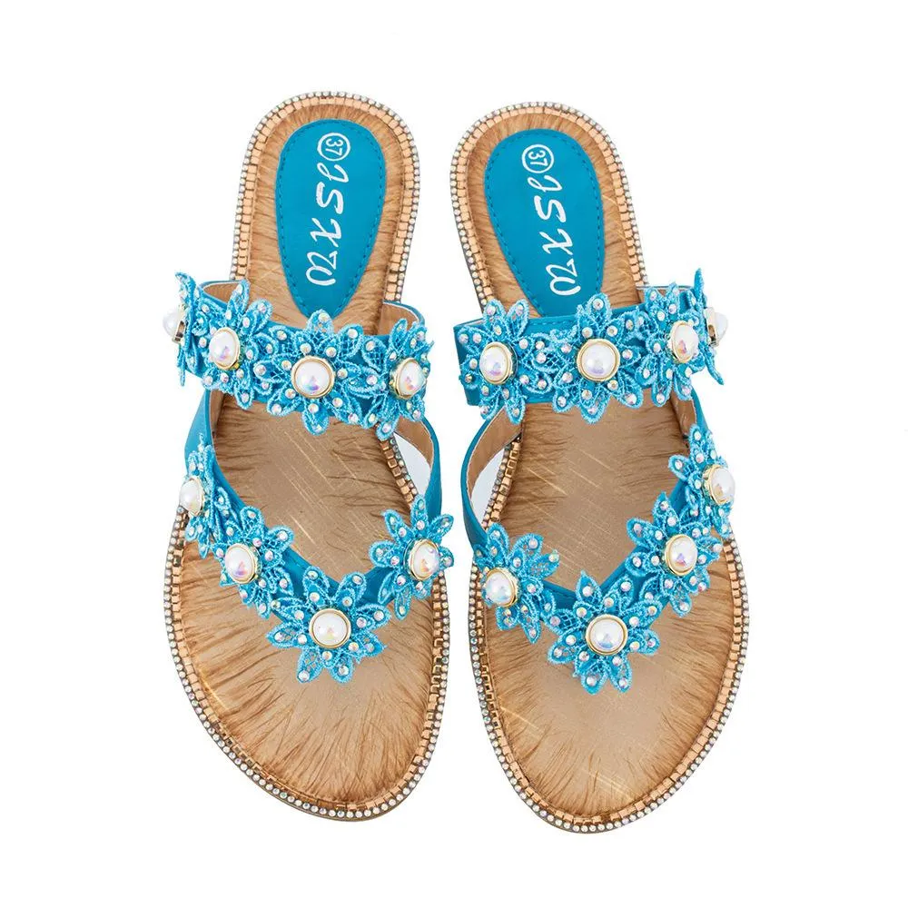 Women's boho lace floral flip flops beach slip on sandals