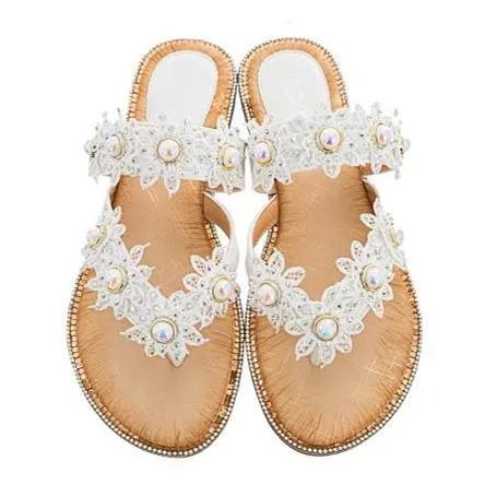 Women's boho lace floral flip flops beach slip on sandals