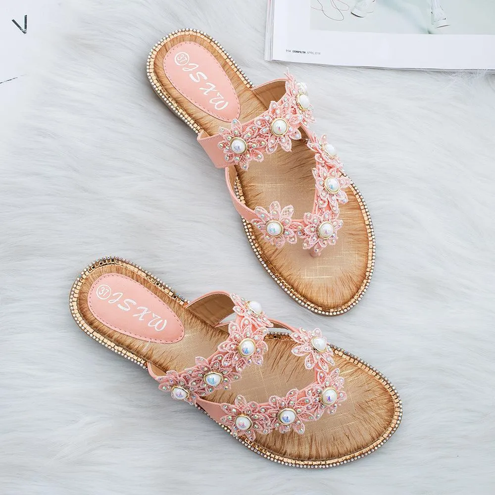 Women's boho lace floral flip flops beach slip on sandals