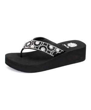 Yellow Box Power Black Clear Rhinestone Mid Wedge Slip On Thong Platform Sandals
